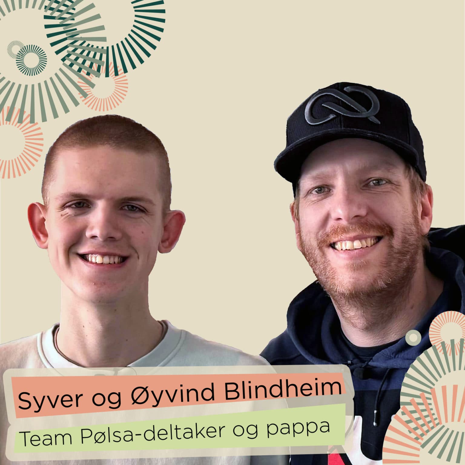 eam Pølsa-deltaker og pappa, Syver og Øyvind Blindheim smiler foran beige bakgrunn med grønne og oransje sirkler. Syver har kort hår og lys skjorte, Øyvind andre har skjegg, mørk hettegenser og svart caps med logo.