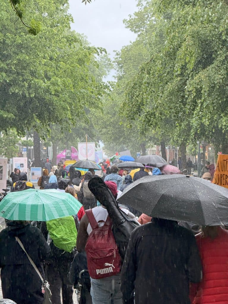Folk går i regnet med paraplyer under en demonstrasjon på en allé med trær.  Deltakerne bærer regntøy, ryggsekker og instrumentkasser.