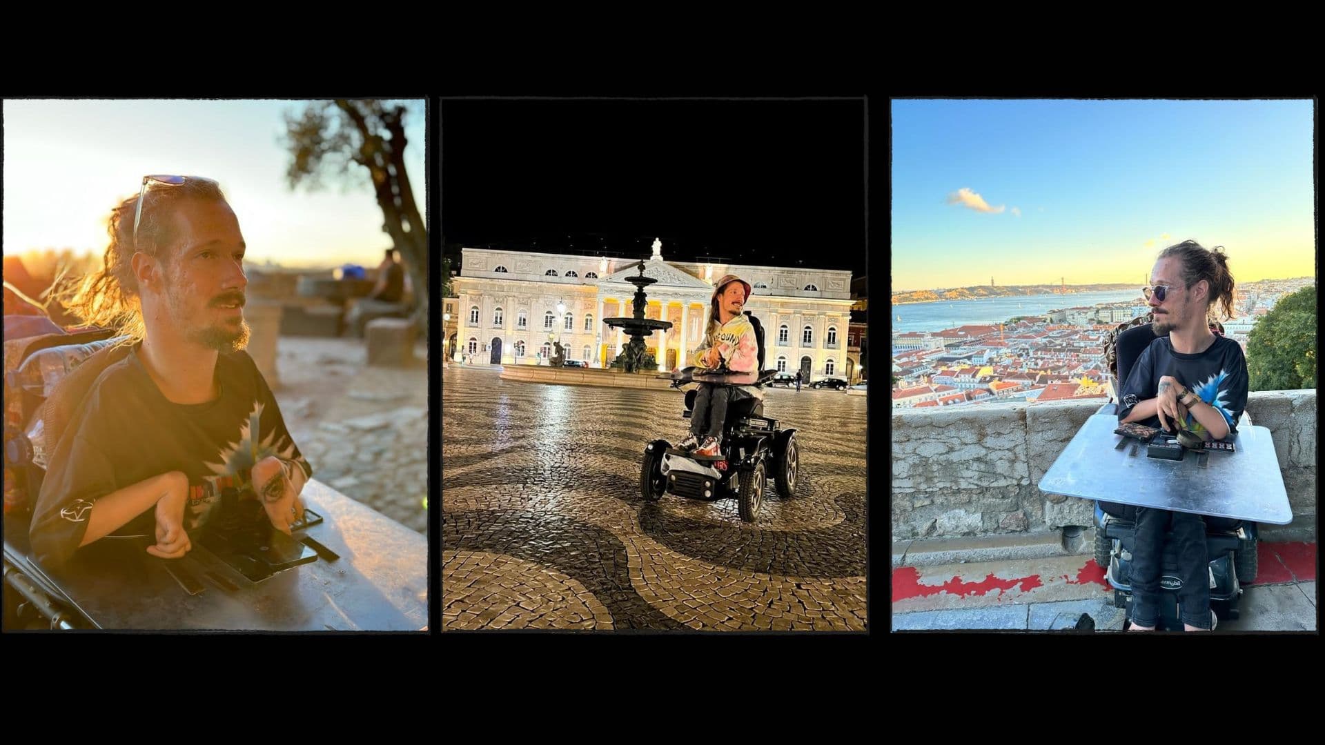 Collage med tre bilder av en person i elektrisk rullestol i ulike utendørsmiljøer: ved solnedgang på steinlagt plass, ved fontene og opplyst bygning om kvelden, og ved utsiktspunkt med panoramautsikt over by og vann.