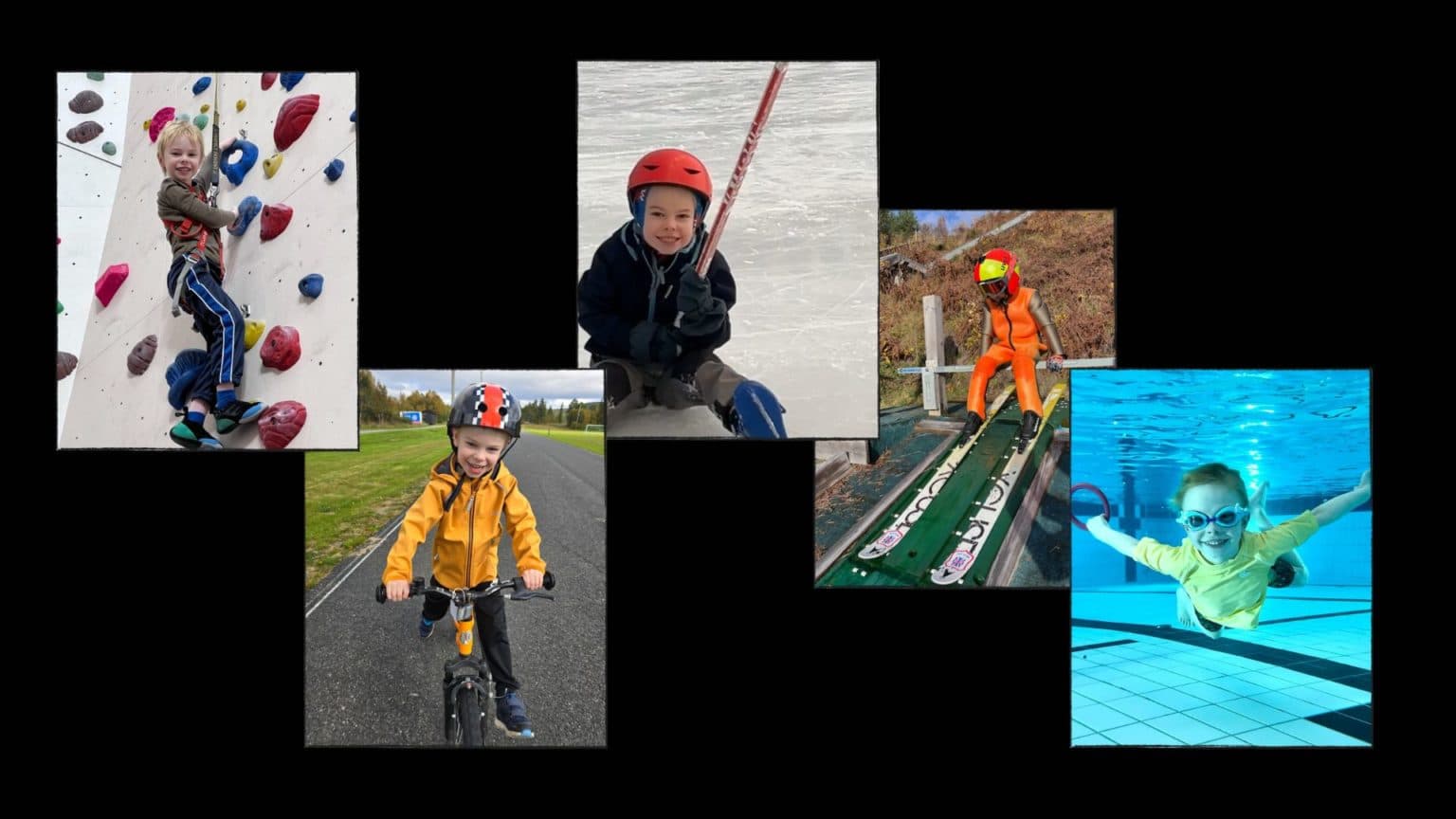Collage med fem bilder av barn i ulike idrettsaktiviteter: klatring, sykling, skøyter med hockeykølle, skihopp og svømming under vann. Barnet har på sikkerhetsutstyr og smiler i flere av bildene.