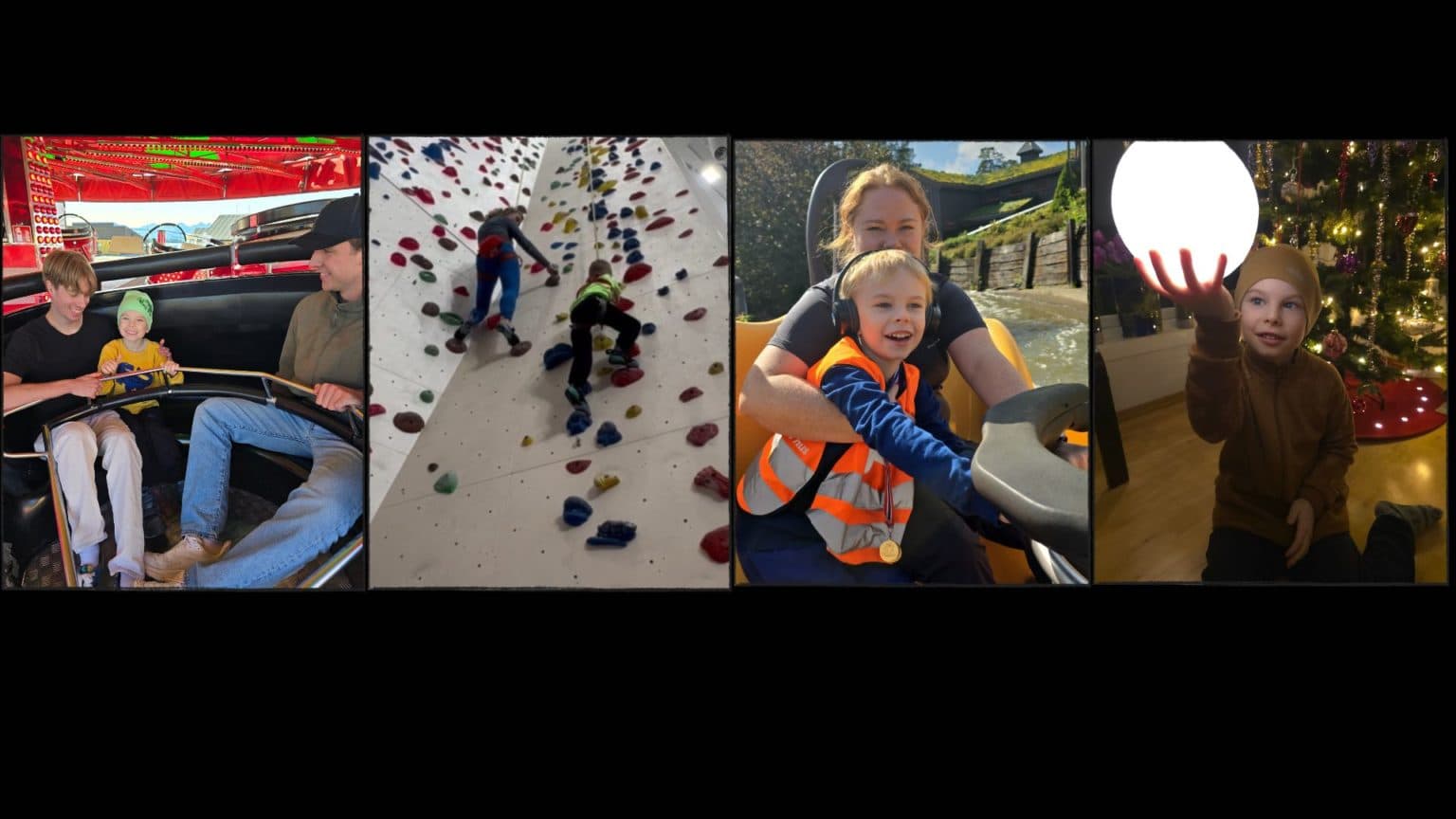 Fire bilder viser barn og voksne i ulike aktiviteter: fornøyelsespark med karusell, innendørs klatring, vannattraksjon med redningsvest og hodetelefoner, og et julemiljø der et barn rekker mot en lysende kule foran juletre.